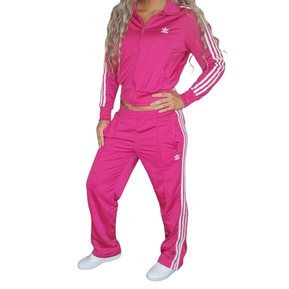 Adidas Tracksuit Womens Medium Hot Pink White Striped Full Zip Sweater Pants - Picture 1 of 14
